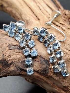 Vintage Screw Back Signed Coro Light Blue Rhinestone Dangle Earrings